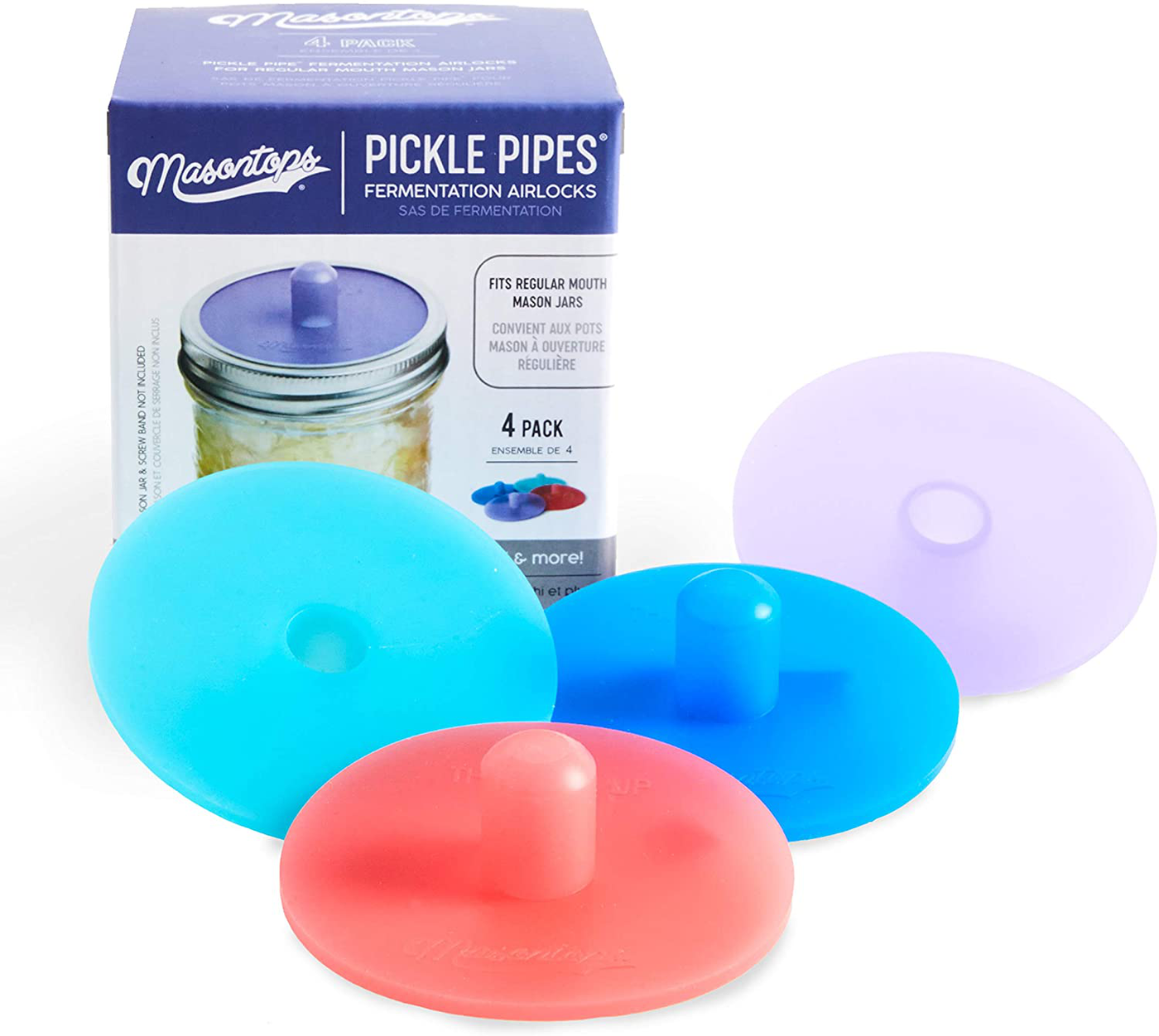 Masontops Pickle Pipes - Waterless Airlock Fermentation Lids - Regular Mouth Mason Jar Fermenter Caps - Premium Silicone