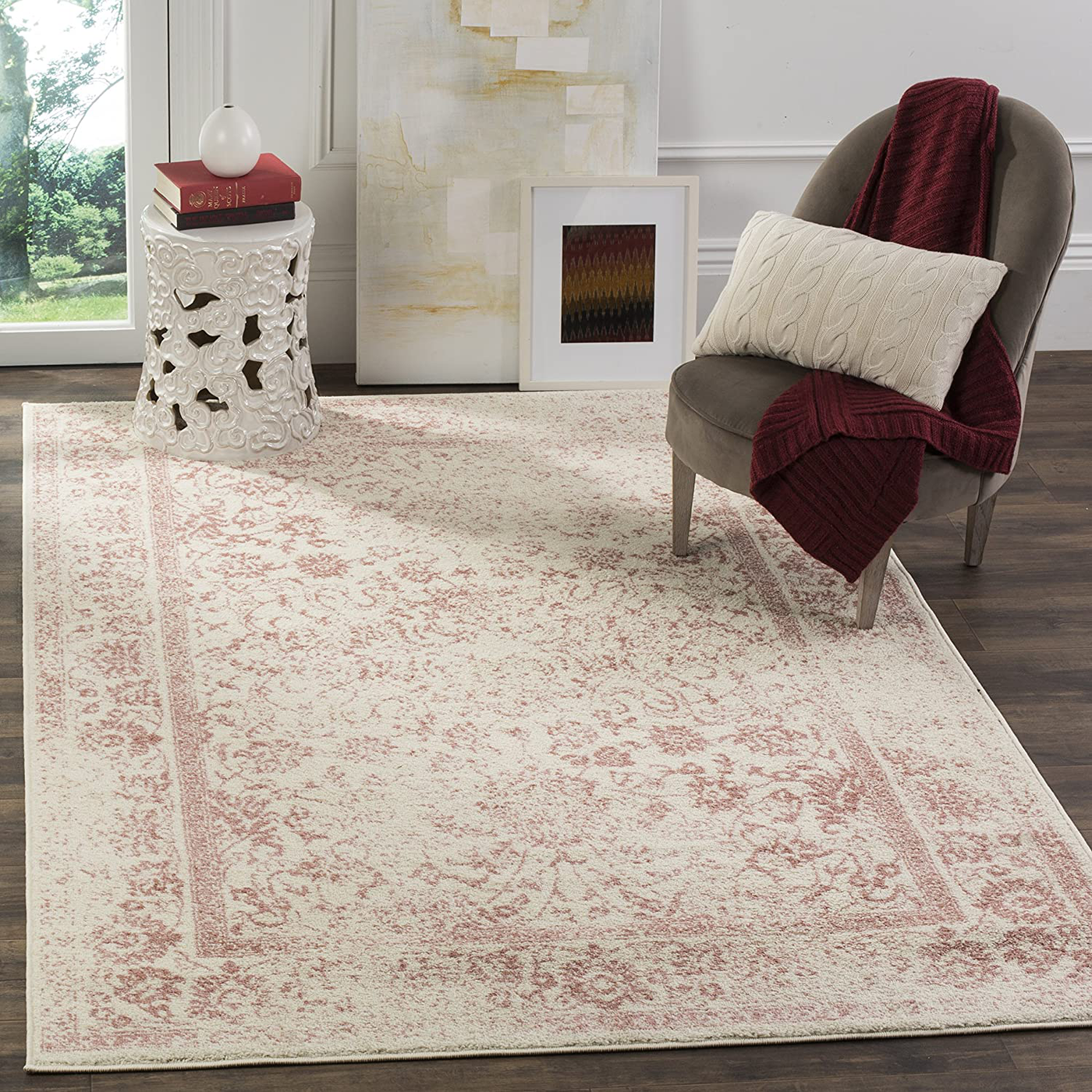Safavieh Adirondack Collection ADR109H Oriental Distressed Non-Shedding Stain Resistant Living Room Bedroom Area Rug, 3' x 5', Ivory / Rose