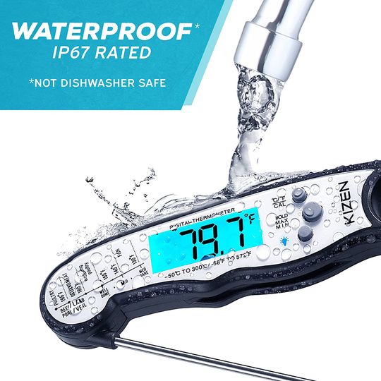 Kizen Digital Meat Thermometers for Cooking - Waterproof Instant Read Food Thermometer for Meat, Deep Frying, Baking, Outdoor Cooking, Grilling, & BBQ (Black/White)