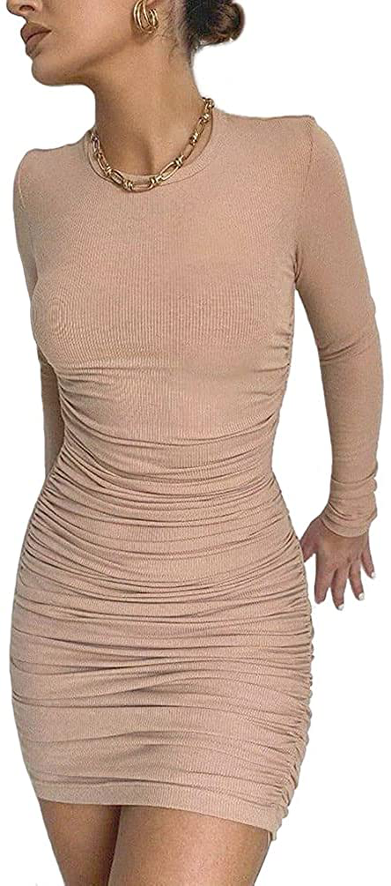 MiiVoo Women's Sexy Club Ruched Long Sleeve Drawstring Mini Bodycon Dress