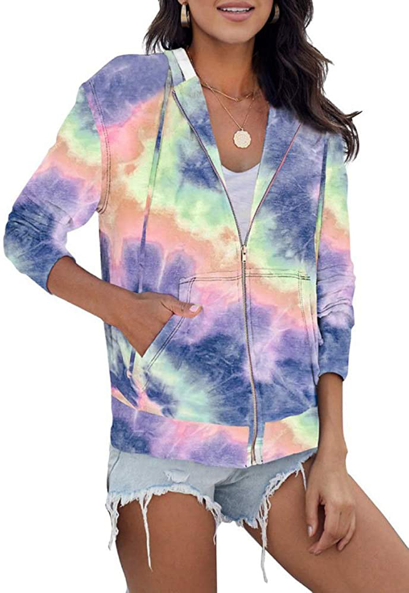 Women's Tie Dye Printed Zip Sweatshirts Long Sleeve Hoodies Pullover Top Casual Pullover Tops Shirts