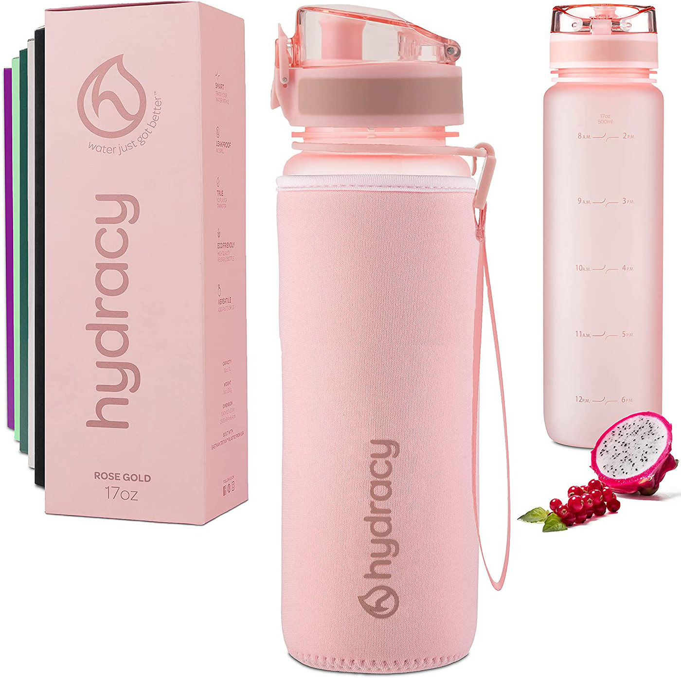 Hydracy Water Bottle with Time Marker - 500 ml 17oz BPA Free Water Bottle -Leak Proof & No Sweat Gym Bottle with Fruit Infuser Strainer -Ideal Gift for Fitness, Sports & Outdoors - Berry Blue