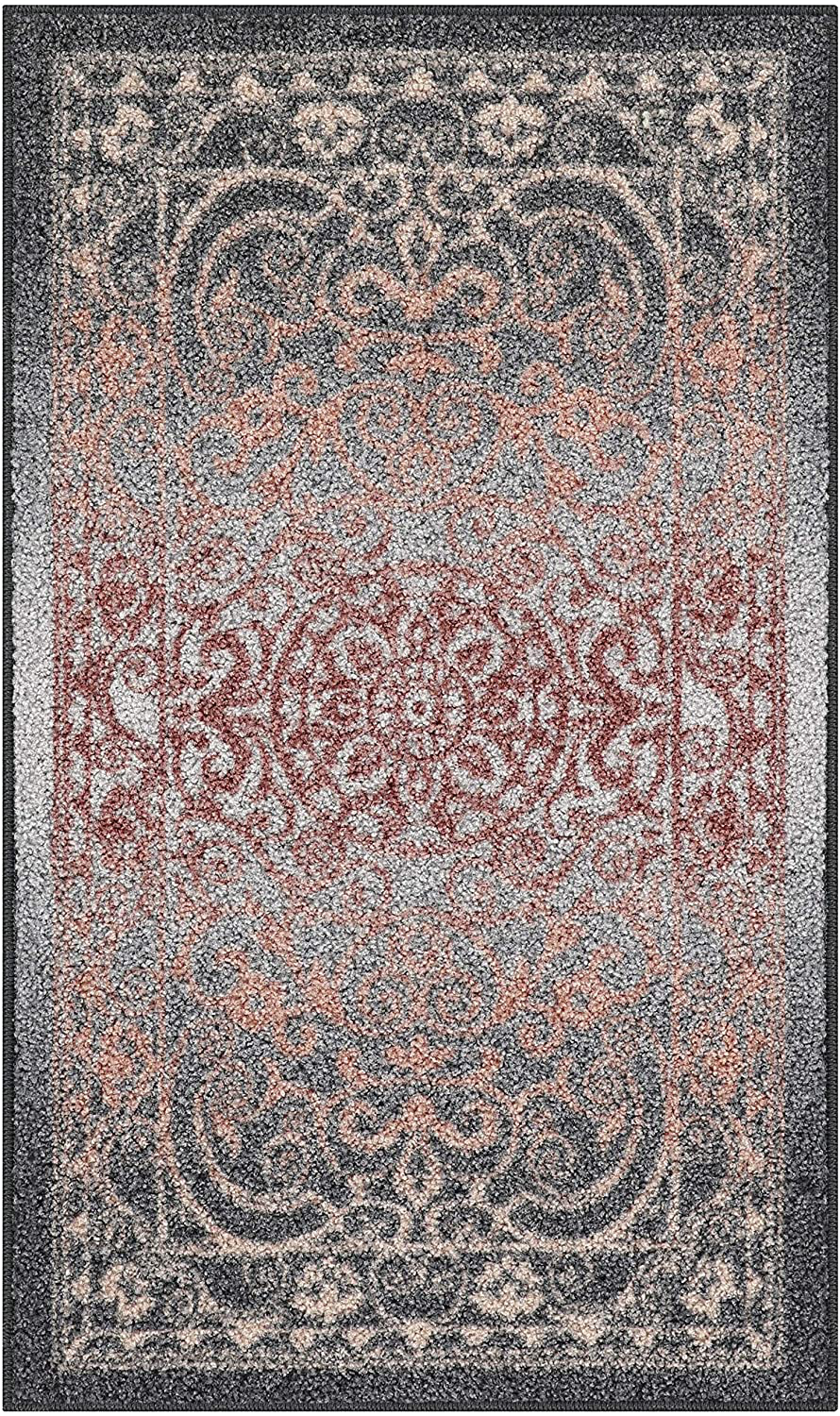 Maples Rugs Pelham Vintage Kitchen Rugs Non Skid Washable Accent Area Carpet [Made in USA], 1'8 x 2'10, Gray/Coral