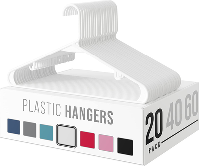 Plastic Clothes Hangers (20, 40, & 60 Packs) Heavy Duty Durable Coat and Clothes Hangers | Vibrant Color Hangers | Lightweight Space Saving Laundry Hangers (20 Pack - White)