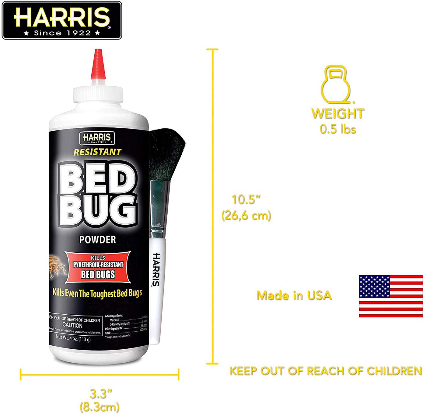 HARRIS Bed Bug Killer Powder, 4oz with Application Brush