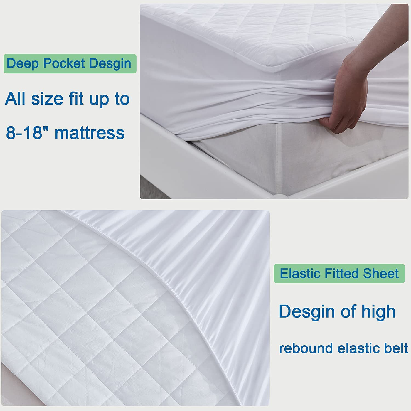 Gehannah Comfort Mattress Protector 100% Waterproof, Ultra Soft Noiseless Mattress pad, Breathable Cooling Cover with 8-18" Deep Pocket Mattress Topper (Queen)