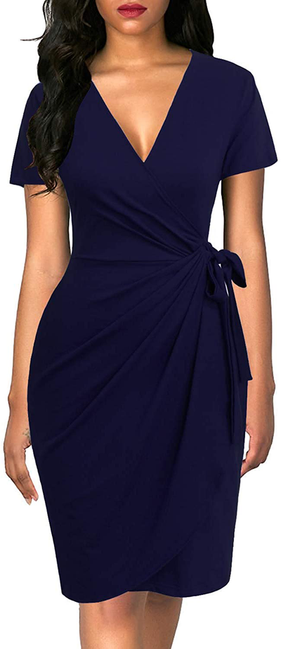 Lyrur Women's Classic V-Neck Casual Party Knee Length Sheath Work Short Sleeve Faux Black Wrap Dress