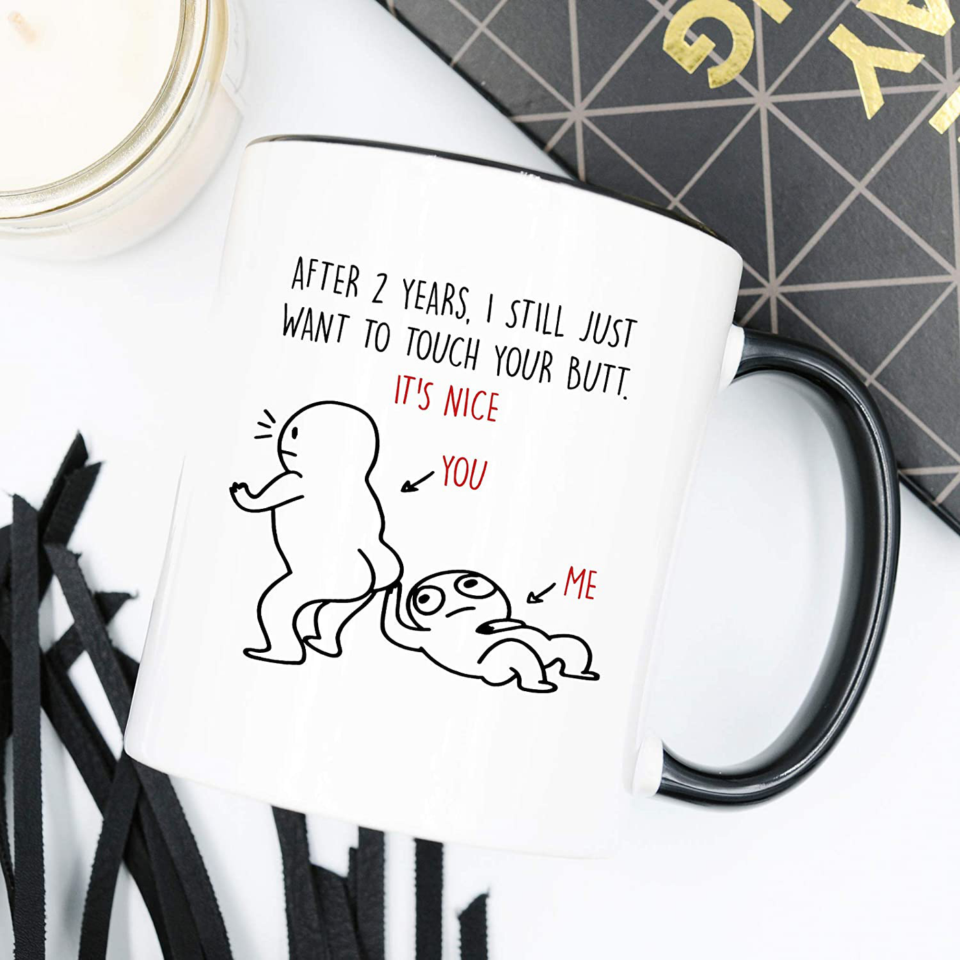 YouNique Designs 2 Year Anniversary Mug for Boyfriend and Girlfriend, 11 Ounces, 2nd Wedding Anniversary Coffee Mug for Husband and Wife, 2 Yr Dating Anniversary Cup for Him And Her (Black Handle)