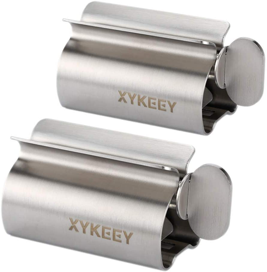 XYKEEY Toothpaste Tube Squeezer - Set of 2 Toothpaste Squeezer Rollers, Metal Toothpaste Tube Wringer Seat Holder Stand (Stainless Steel)