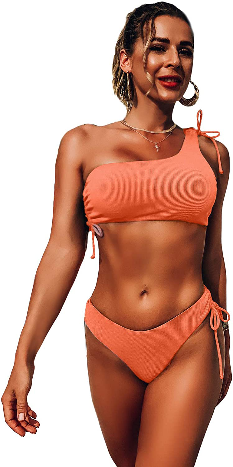 SheIn Women's One Shoulder Wireless Bikini Set with Tie Side Panty Two Piece Swimsuits