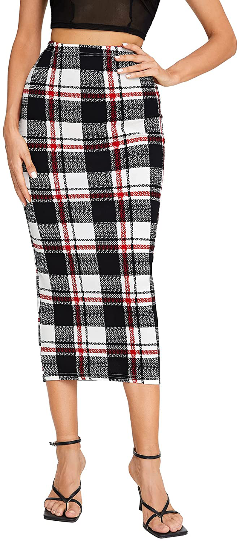 Verdusa Women's Elegant Plaid Elastic Waist Bodycon Midi Skirt