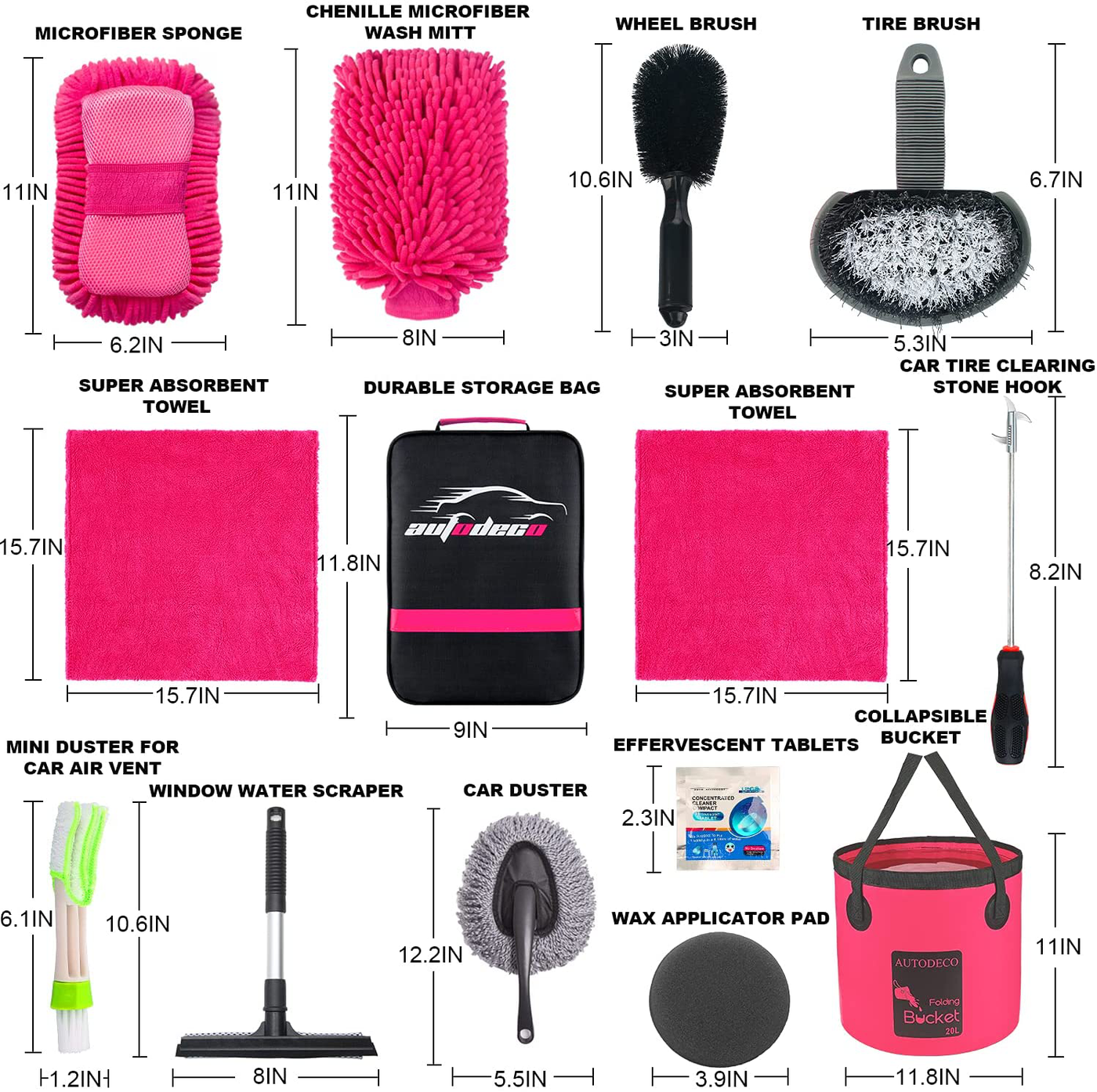 AUTODECO 22Pcs Car Wash Cleaning Tools Kit Car Detailing Set with Black Canvas Bag Pink Collapsible Bucket Wash Mitt Sponge Towels Tire Brush Window Scraper Duster Complete Interior Car Care Kit