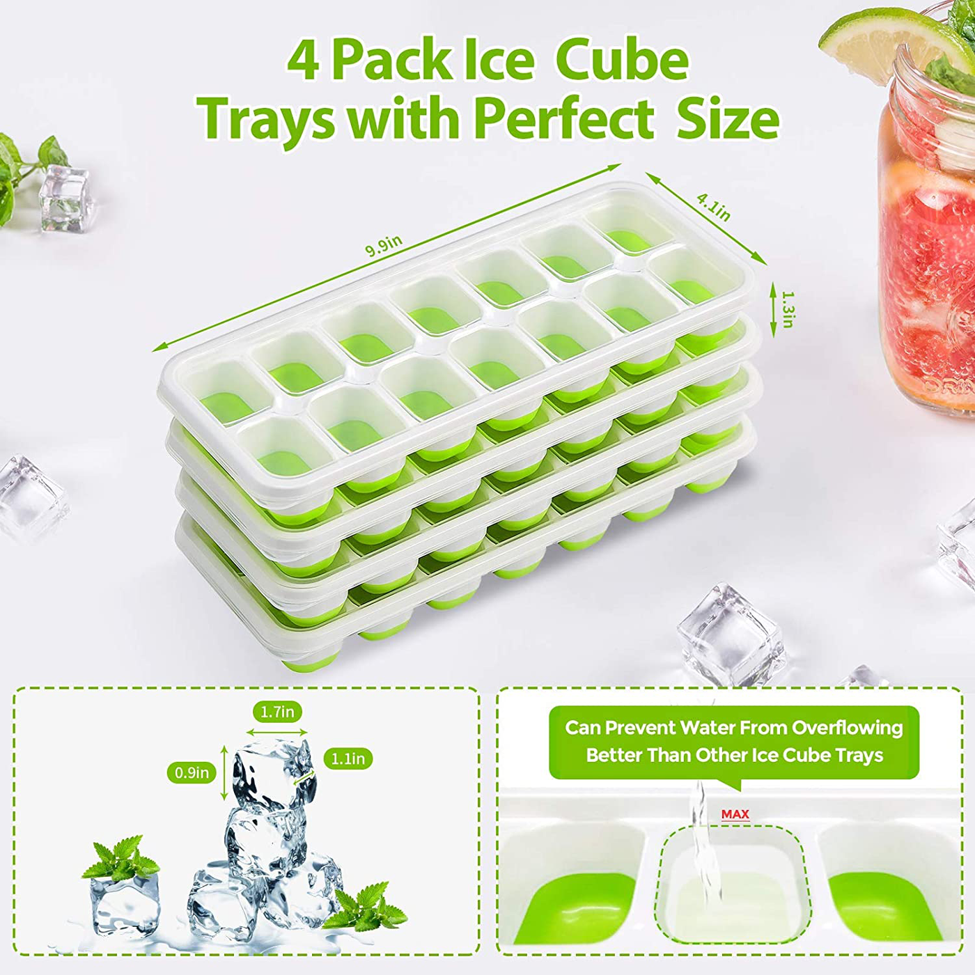 DOQAUS Ice Cube Trays 4 Pack, Easy-Release Silicone and Flexible 14-Ice Cube Trays with Spill-Resistant Removable Lid, LFGB Certified and BPA Free, for Cocktail, Beer, Stackable Flexible Ice Trays