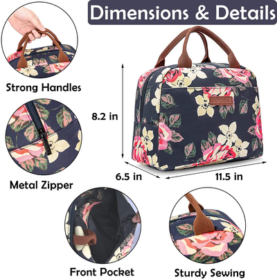 LOKASS Lunch Bag for women Insulated Lunch Tote Fashionable Cooler Bag Thermal Lunch Box with Detachable Shoulder Strap for Work/Picnic/Beach(Peony)