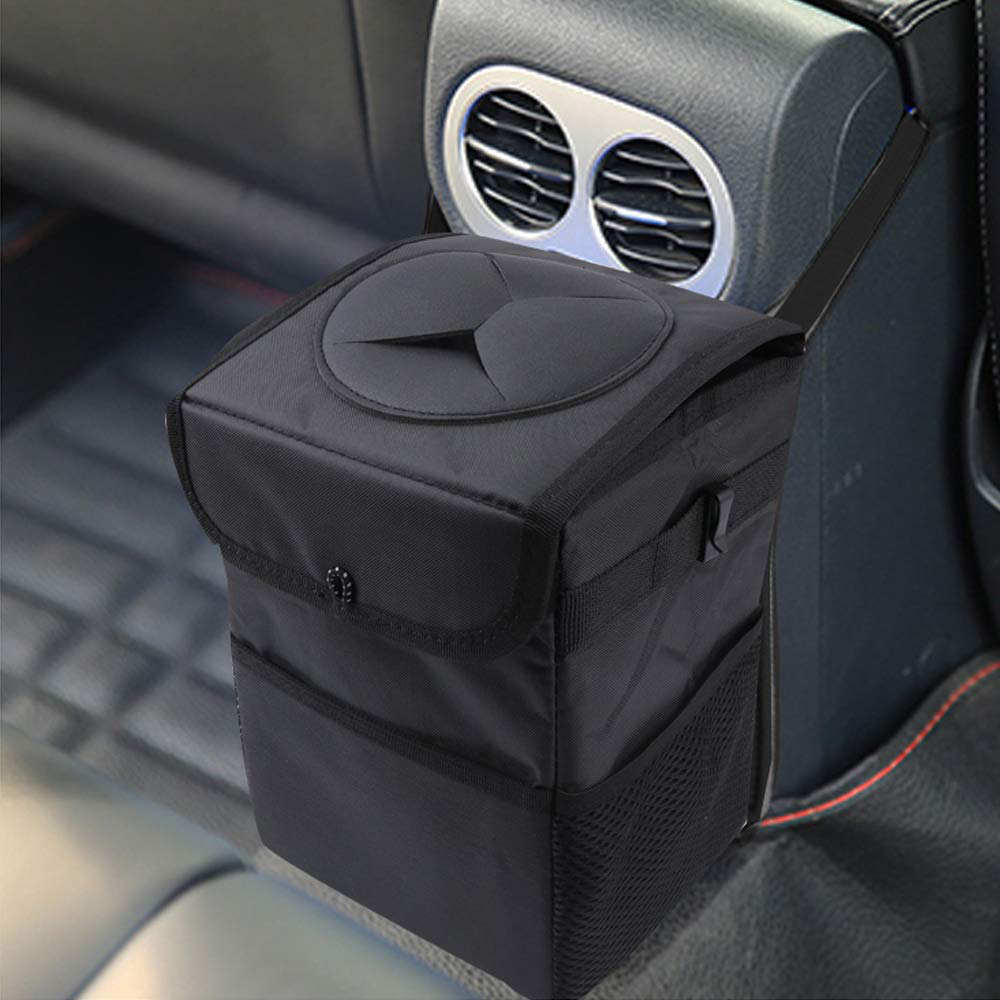 Car Trash Bag Automotive Garbage Can with Lid,Foldable Vehicle Trash Bin Container for Car with Storage Pockets,Waterproof & Leak-Proof,Black
