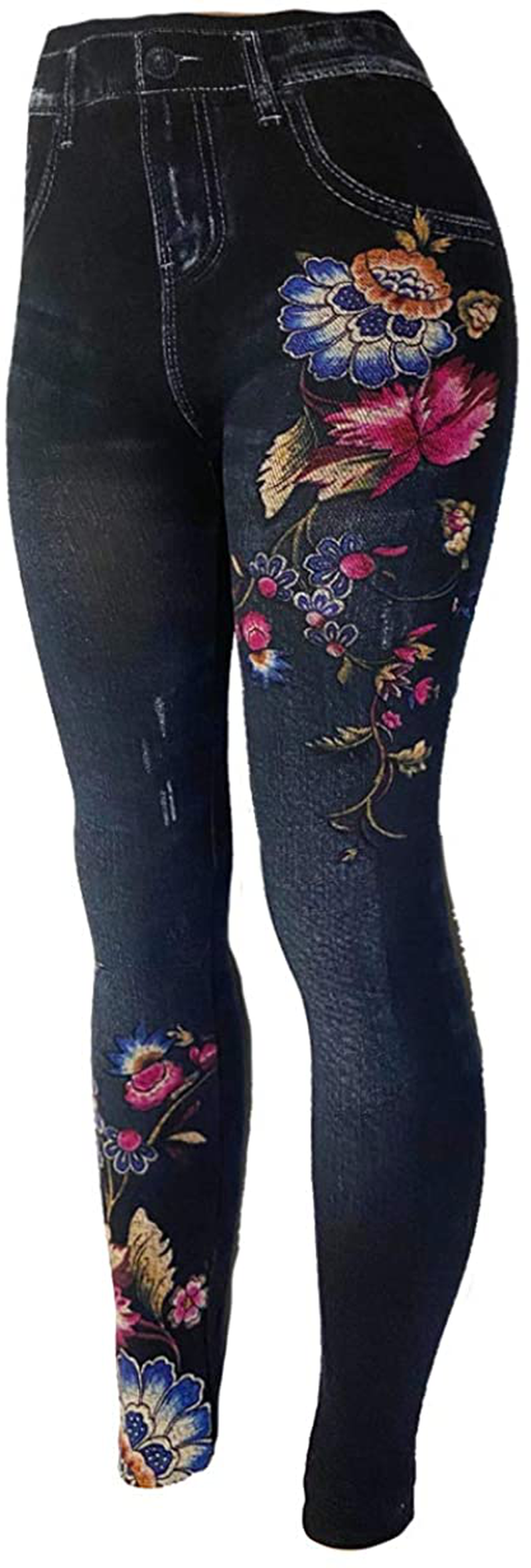 CLOYA Women's Denim Print Seamless Full Leggings for All Seasons - One Size Fits Large & X-Large