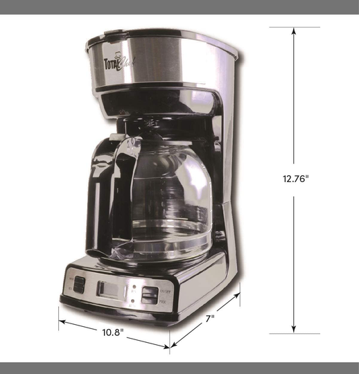 Total Chef TCCM06 Programmable Coffee Maker Stainless Steel with 12-Cup Glass Carafe, LCD Display,Easy Cleanup, Reusable Basket Filter, Countertop, Black/Gray