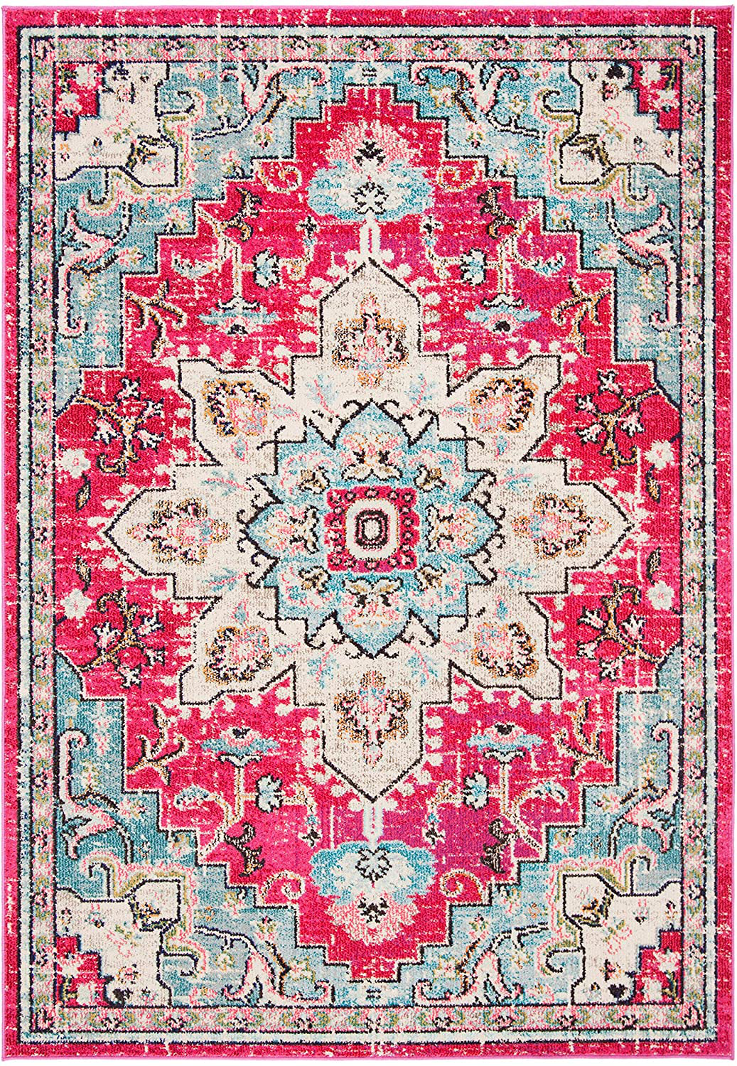 Safavieh Madison Collection MAD473A Boho Chic Medallion Distressed Non-Shedding Stain Resistant Living Room Bedroom Accent Rug, 2'2" x 4', Fuchsia / Blue