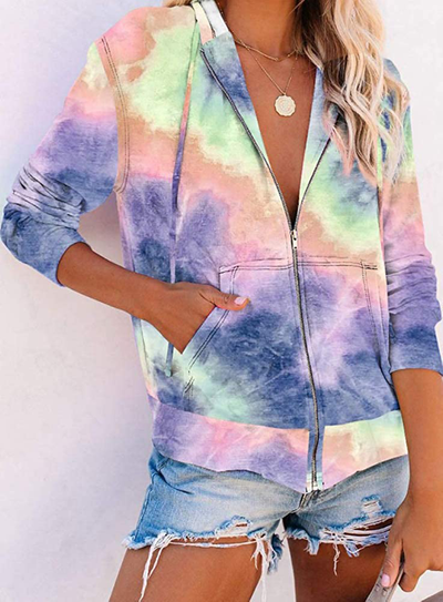 Women's Tie Dye Printed Zip Sweatshirts Long Sleeve Hoodies Pullover Top Casual Pullover Tops Shirts