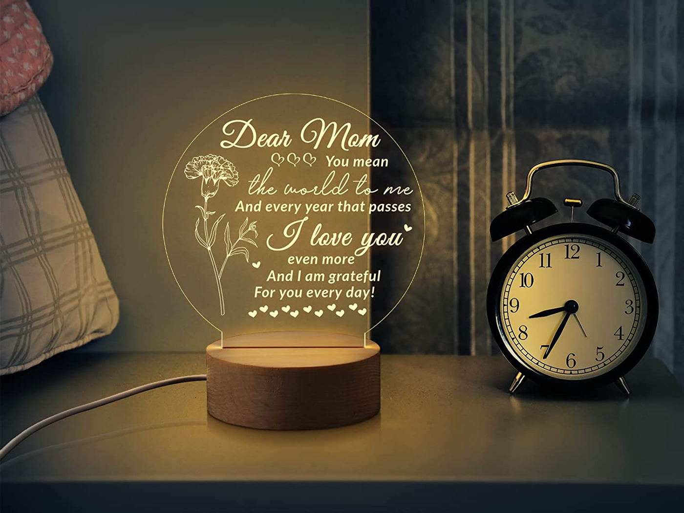 SOUHONEY Birthday Gifts for Mom from Daughter- Acrylic Night Light Lamp with Wood Base, Personalized LED Night Lamp with Engraved Sayings, Mother’s Day Thanksgiving Christmas Gifts for Mom Women