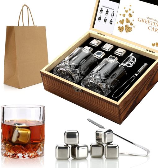 Whiskey Stones Gift Set - Whiskey Glass Set of 2 - Stainless Steel Chilling Whiskey Cubes - Scotch Bourbon Whiskey Glass Gift Box Set - Best Drinking Gift for Men Dad Husband Birthday Holiday Present