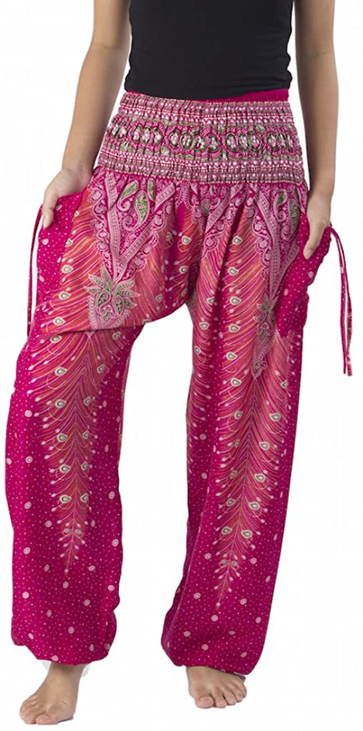 Lannaclothesdesign Women's Smocked Waist Peacock Print Harem Pants Hippie Bohemian Style