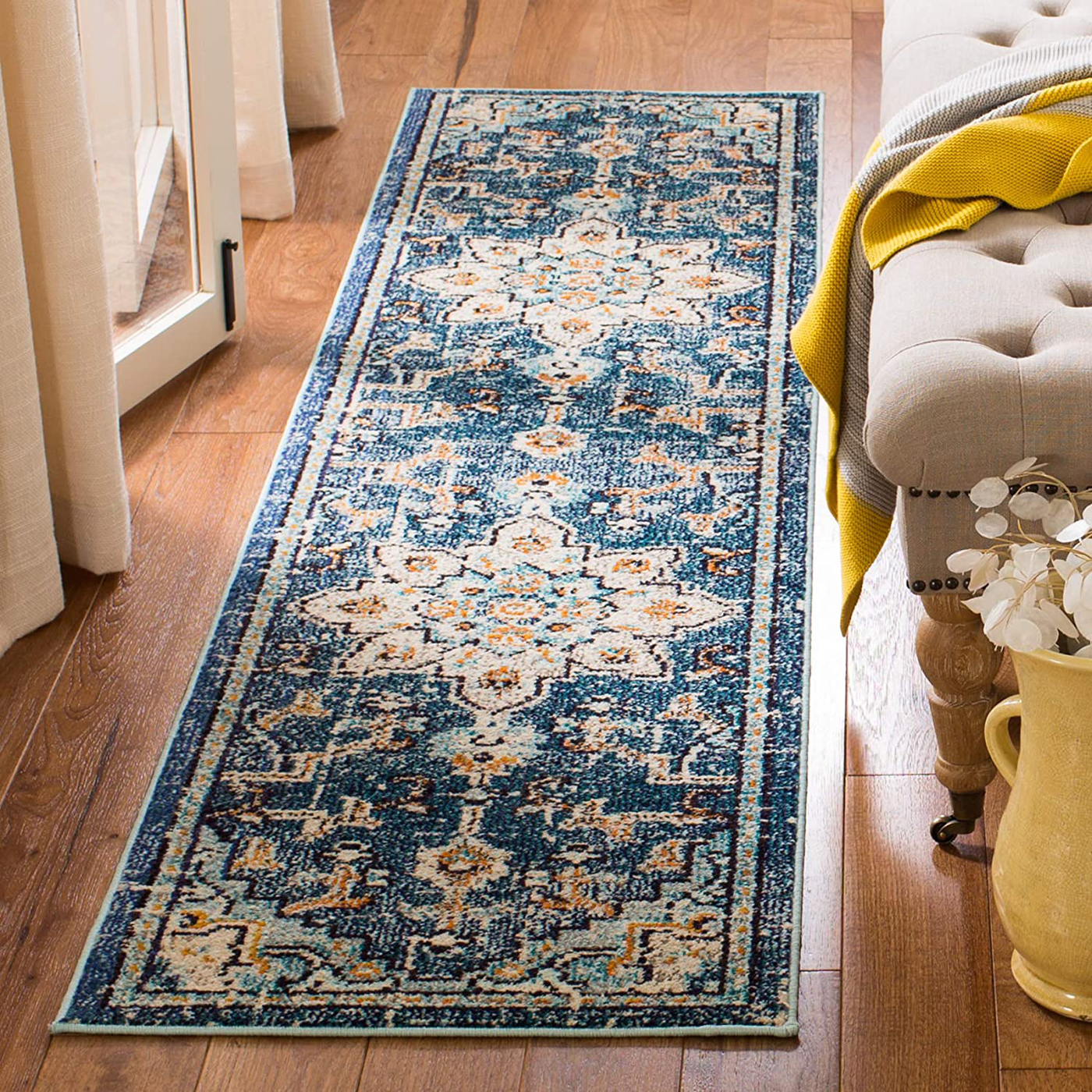 Safavieh Madison Collection MAD473M Boho Chic Medallion Distressed Non-Shedding Stain Resistant Living Room Bedroom Runner, 2'2" x 14' , Blue / Light Blue