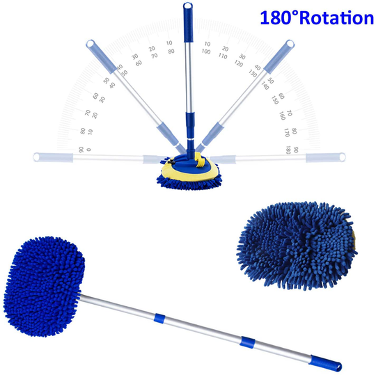 SPWOLFRT Car Wash Brush, Car Cleaning Mop with Adjustable Long Handle, Chenille Microfiber Car Wash Mitt Mop, Glass Scrabber 3 in 1 Vehicle Cleaner Kit (Blue)