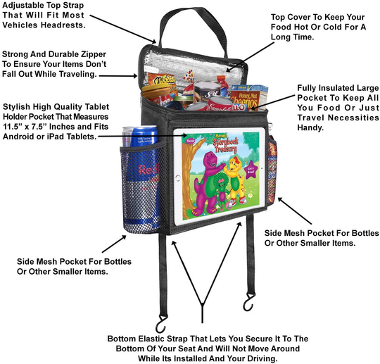 lebogner Insulated Car Seat Back Organizer + iPad and Tablet Holder, Auto Driver Or Passenger Accessories Organizer, Vehicle Front Seat Caddy, Personal Travel Cooler Storage Bag for Adults & Kids