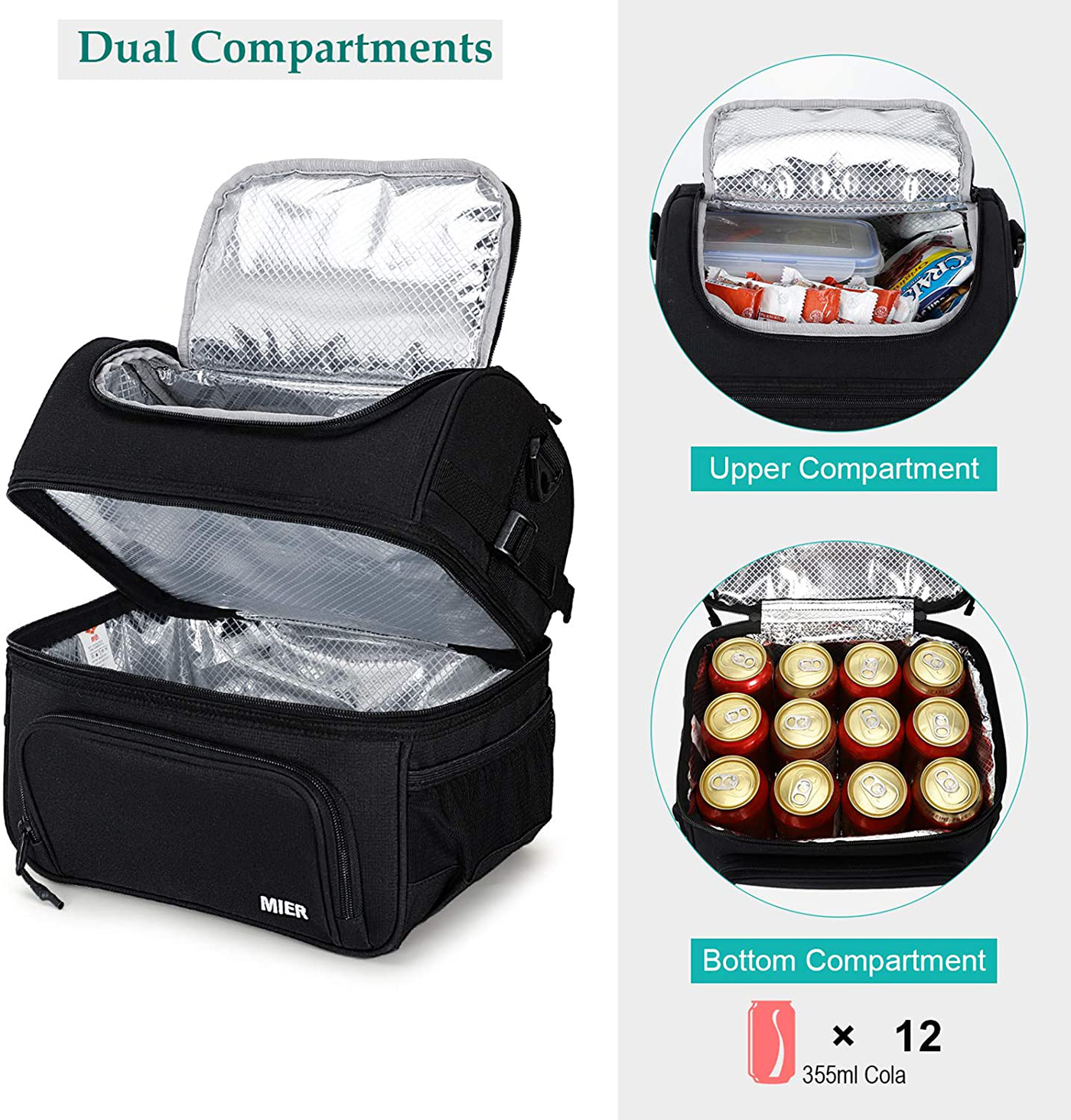 MIER Dual Compartment Lunch Bag Tote with Shoulder Strap for Men and Women Insulated Leakproof Cooler Bag, Black