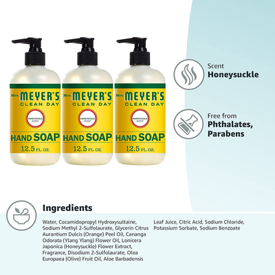 Mrs. Meyer's Clean Day Liquid Hand Soap, Cruelty Free and Biodegradable Hand Wash Formula Made with Essential Oils, Honeysuckle Scent, 12.5 oz - Pack of 3