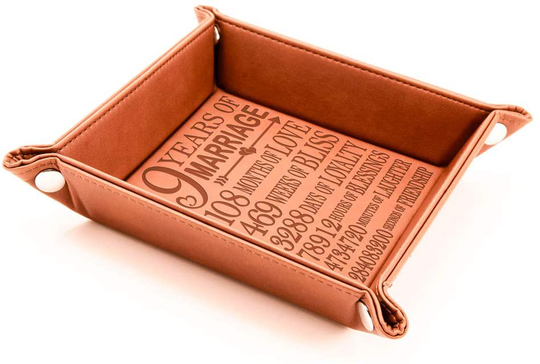 KATE POSH 9 Years of Marriage Engraved Leather Catchall Valet Tray, Our 9th Wedding Anniversary, 9 Years as Husband & Wife, Gifts for Her, for Him, for Couples (Rawhide)