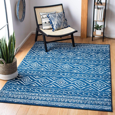 Safavieh Tulum Collection TUL267N Moroccan Boho Distressed Non-Shedding Living Room Bedroom Dining Home Office Area Rug, 5'3" x 7'6", Navy / Ivory