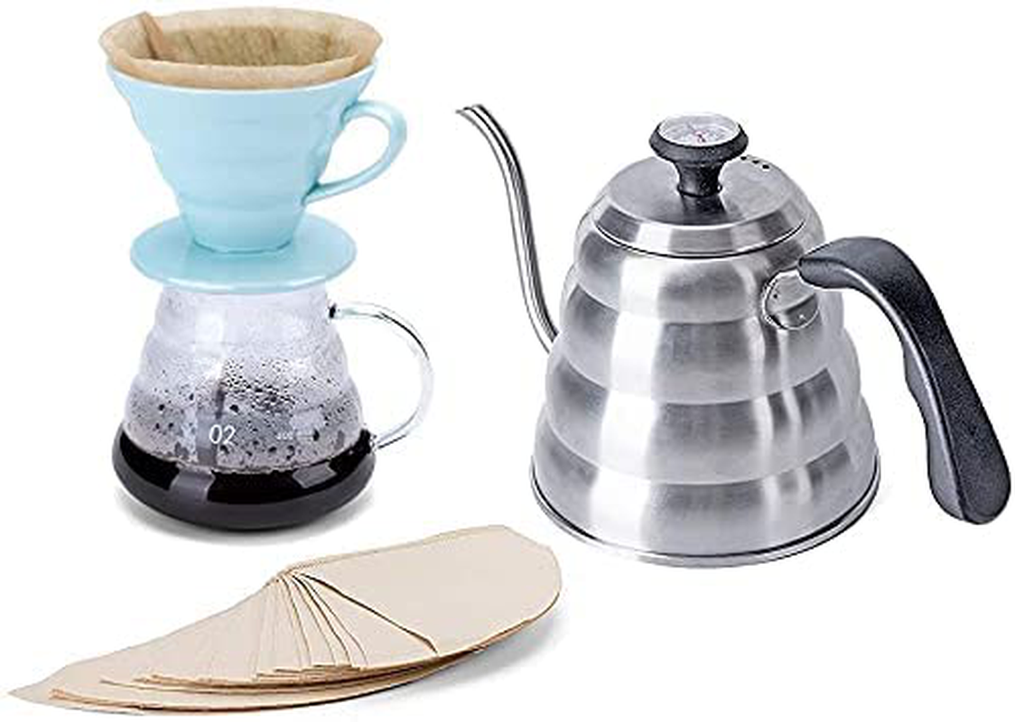 Pour Over Coffee Maker Set - Includes Coffee Carafe Pour Over Coffee Kettle with Thermometer (1.2L up to 40 oz.), V60 Paper Coffee Filter, Coffee Dripper and Coffee Server