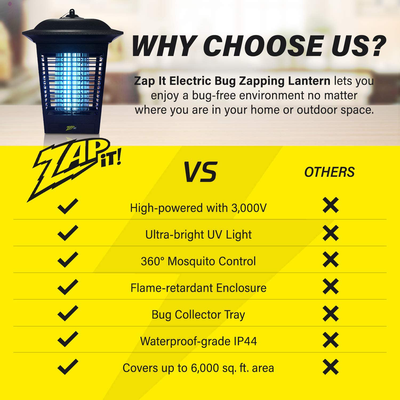 ZAP IT! Electric Indoor/Outdoor Bug Zapper (3,000 Volt) Waterproof 360 Degree Mosquito, Bug, and Insect Killer - Non-Toxic Attractant UV Light and Electric Shock - Bug Collector to Easily Clean