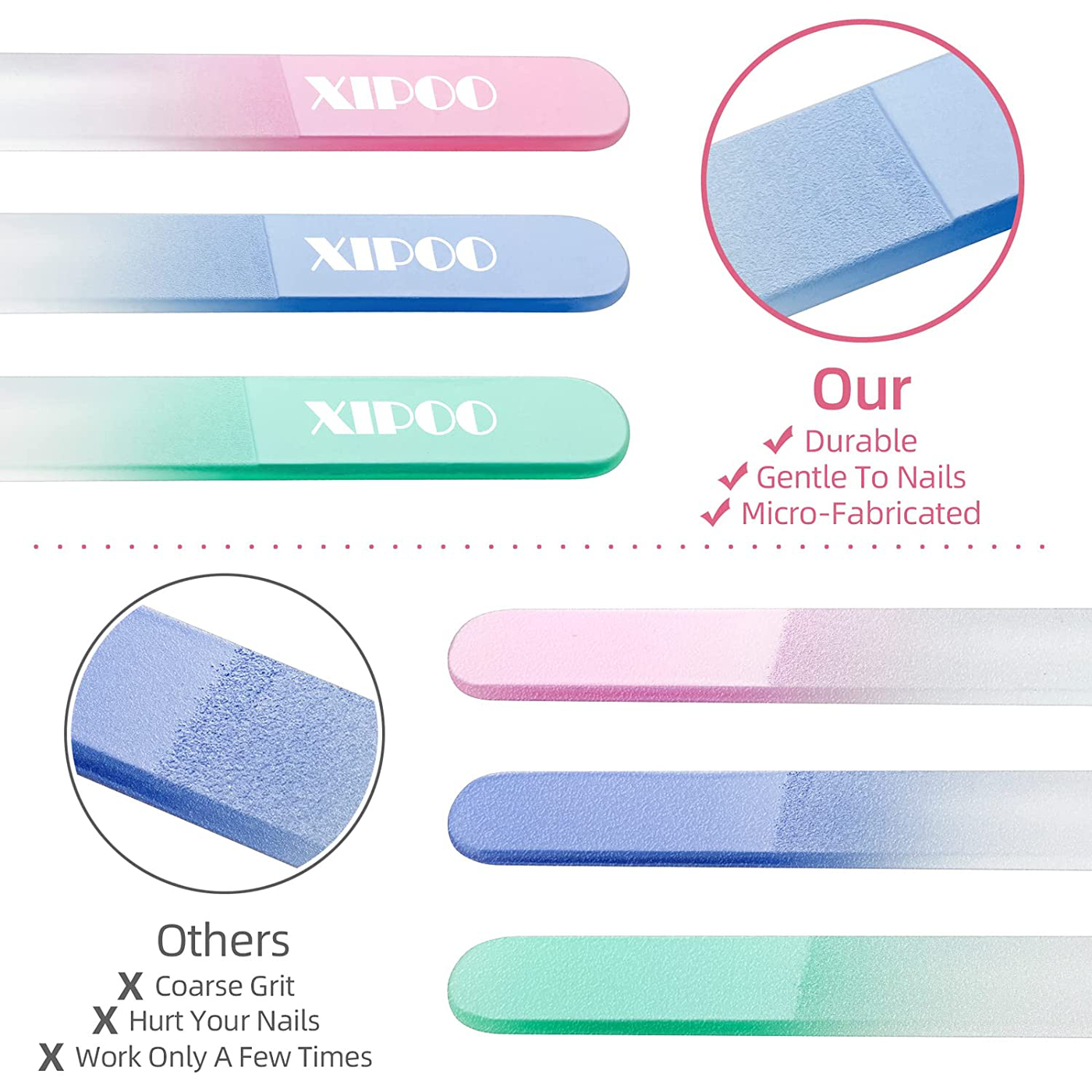 Glass Nail File 3 Pack, Nail File, Glass Nail File with Case, Double Sided Etched Surface Files