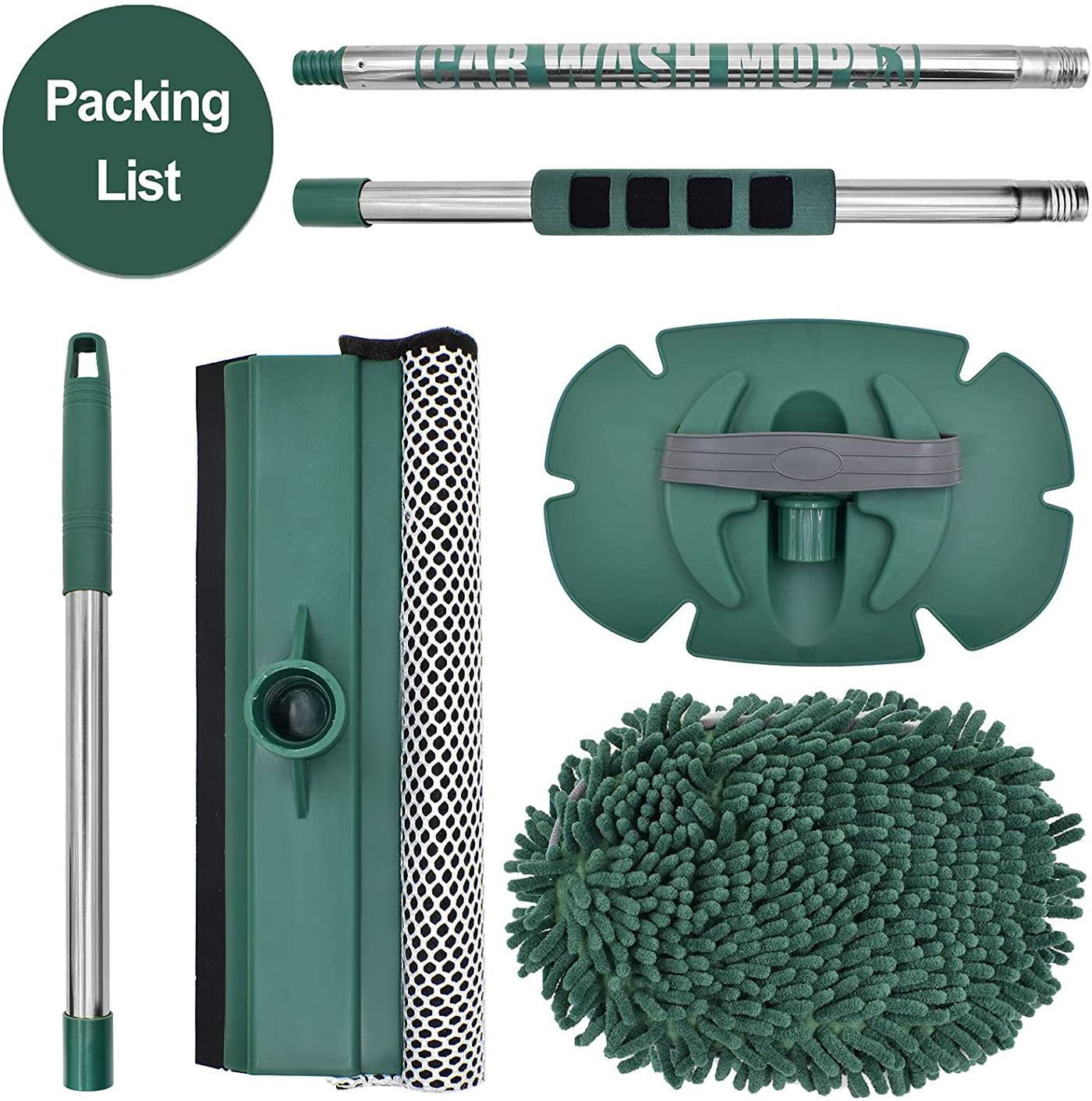 AgiiMan Car Wash Brush with Long Handle - 3 in 1 Car Cleaning Mop, Chenille Microfiber Mitt Set, Adjustable Length 24in-43in Glass Scrabber Vehicle Cleaner Kit, Green