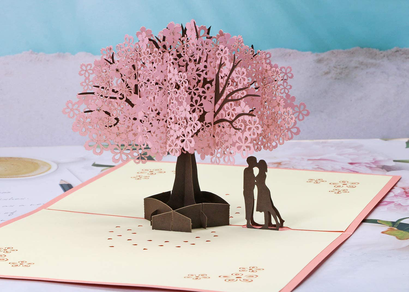 Penta Angel Handmade Cherry Blossom Card Pop Up 3D Flower Card Romantic Love Letter Greeting Anniversary Wedding Valentine Birthday Gift Card Blank Stationery Paper Card for Her Him Husband Wife