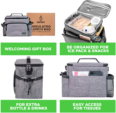 Inspirit Lunch Bag for Women - Mens Lunch Box, 14-Can Meal Prep Lunch Bag, Lunch Bags for Men, Soft Cooler Lunch Tote, Insulated Lunch Box Large Lunch Bag with 2 Silicone Bags (Charcoal Grey)