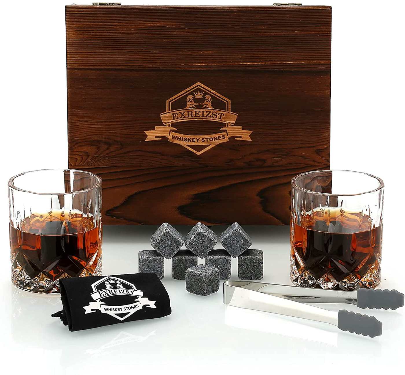 Whiskey Stones Gift Set - Whiskey Glass Set of 2 - Granite Chilling Whiskey Rocks - Scotch Bourbon Whiskey Glass Gift Box Set - Best Drinking Gifts for Men Dad Husband Birthday Party Holiday Present