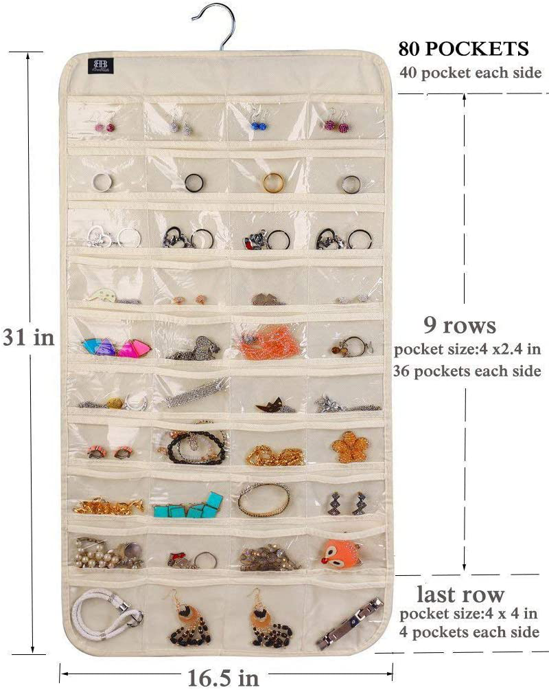 BB Brotrade Hanging Jewelry Organizer with Oxford Dual Side 56 Zippered Storage Pocket (Grey with Zipper)