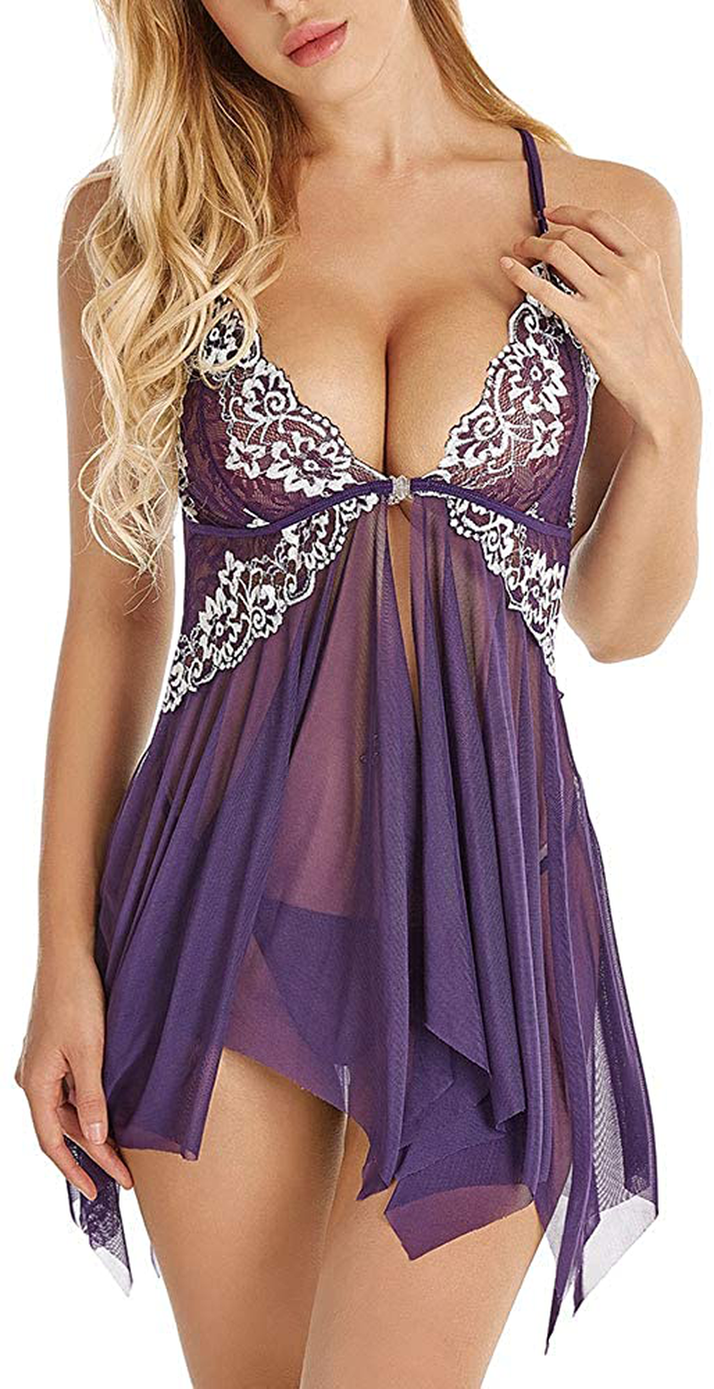 Lingerie for Women Front Closure Babydoll Lace Chemise V Neck Mesh Sleepwear