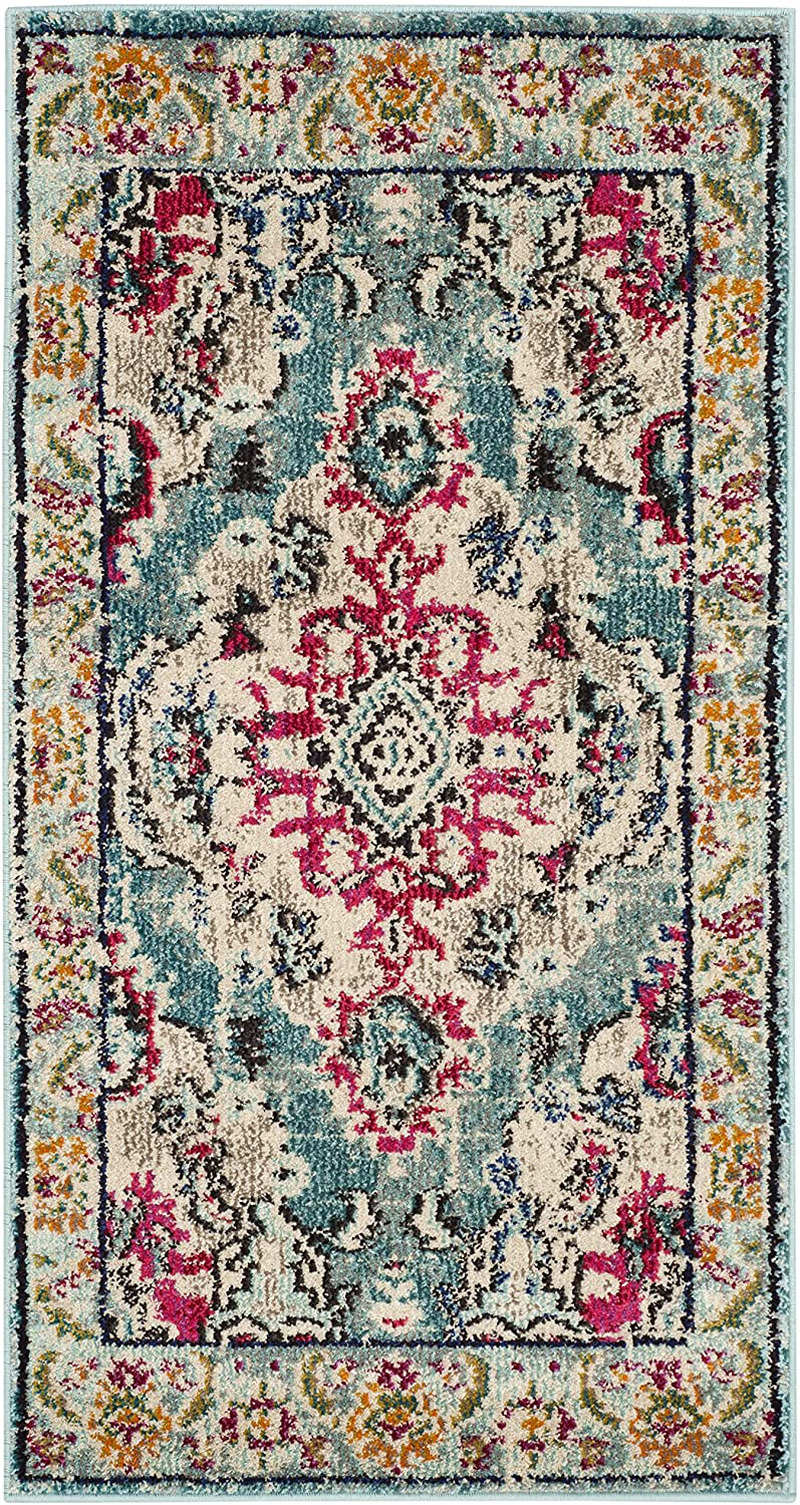 Safavieh Monaco Collection MNC243J Boho Chic Medallion Distressed Non-Shedding Stain Resistant Living Room Bedroom Accent Rug, 2'2" x 4', Light Blue / Fuchsia