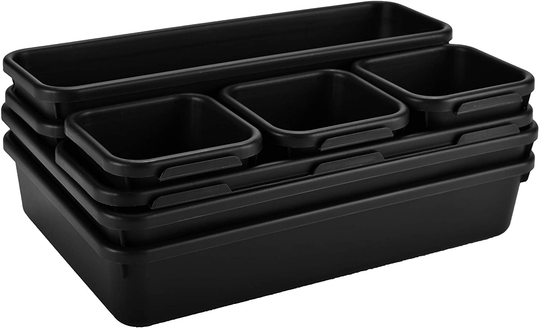 Interlocking Drawer Organizer Bins - Durable Plastic, Various Sizes for Custom Layout Design. Great for Desk Drawer, Tool Box or Garage Organization. (Black | 8-Piece Set)