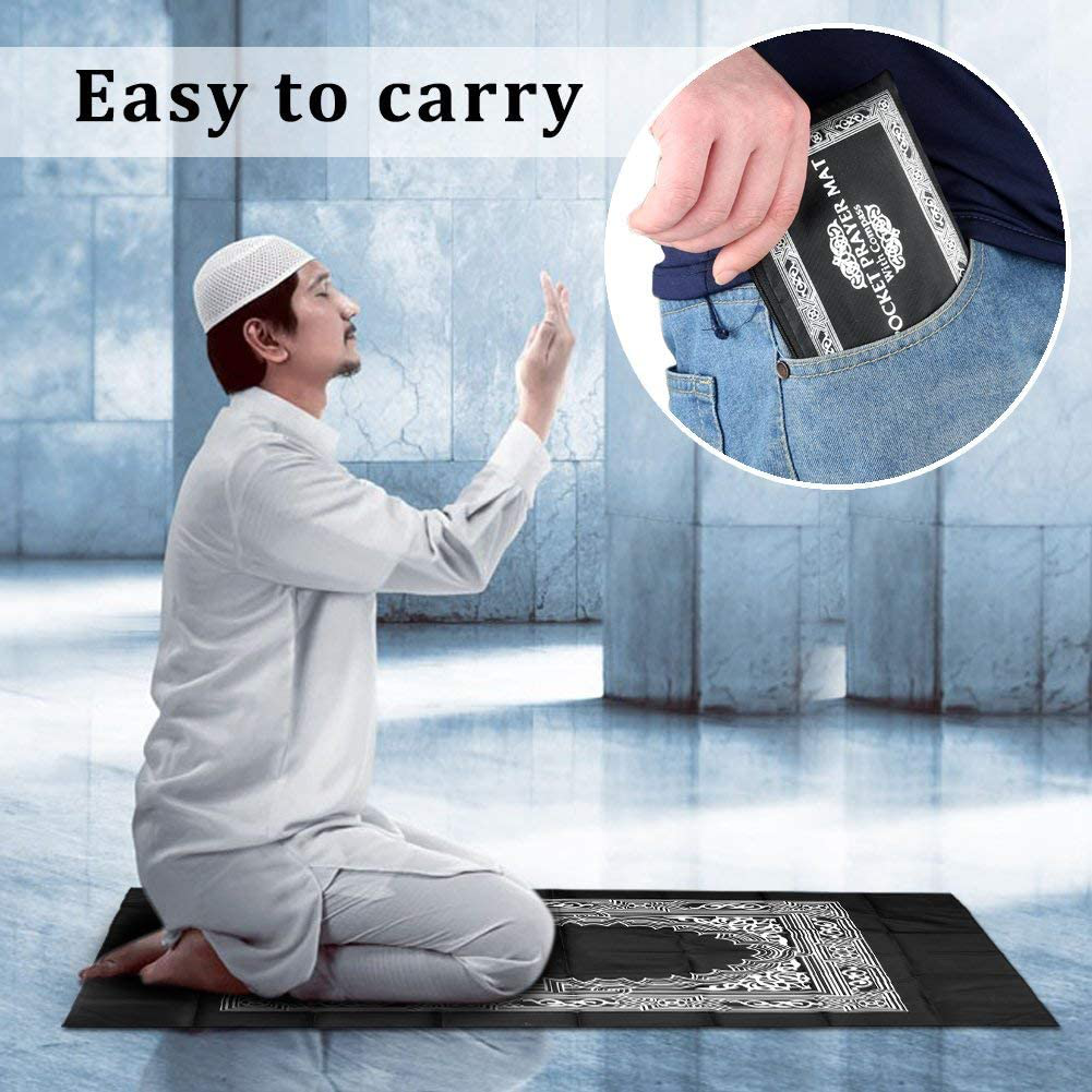 Travel Prayer Rug with Compass,Hitopin Pocket Size Praying Mat Portable Compass Qibla Finder with Booklet Waterproof Portable Black Color Best Islamic Gift for Muslim