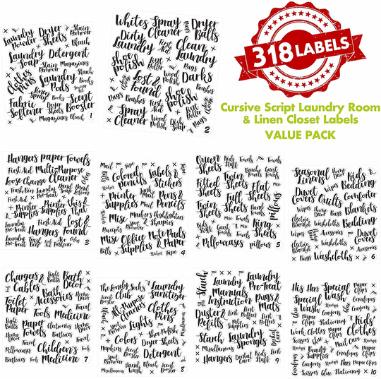 318 PCS Laundry Room & Linen Closet Organization Labels，No Stain Removal, Water/Oil Resistant Stickers for Laundry Room, Linen Closet, Home Office, Bathroom and The Beauty Organization.