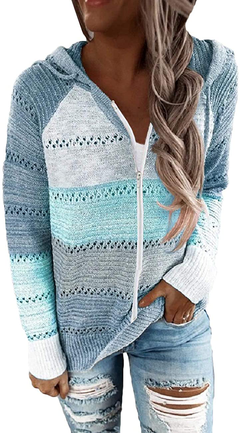 MAYFASEY Women's Color Block Striped Hoodies Sweater Long Sleeve Casual Loose Knitted Pullover Sweatshirt Tops