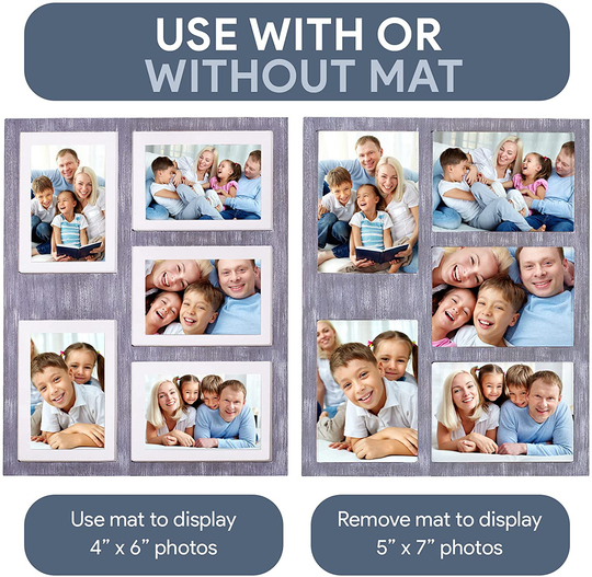 GLM Collage Picture Frames for 4x6 and 5x7 Photos with Glass and Mat, Photo Frame Collage for Wall Holds Five 4x6 Or 5x7 Photos - Picture Frames Collage Rustic Distressed (Gray)