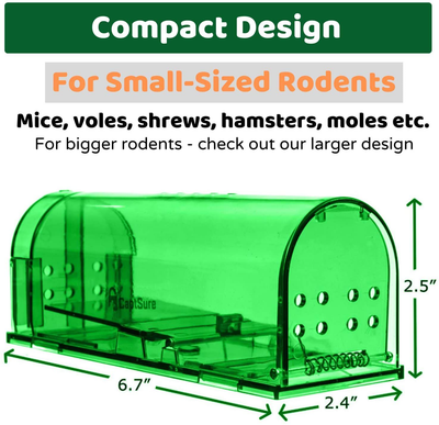 CaptSure Original Humane Mouse Traps, Easy to Set, Kids/Pets Safe, Reusable for Indoor/Outdoor use, for Small Rodent/Voles/Hamsters/Moles Catcher That Works. 2 Pack (Small (Green))