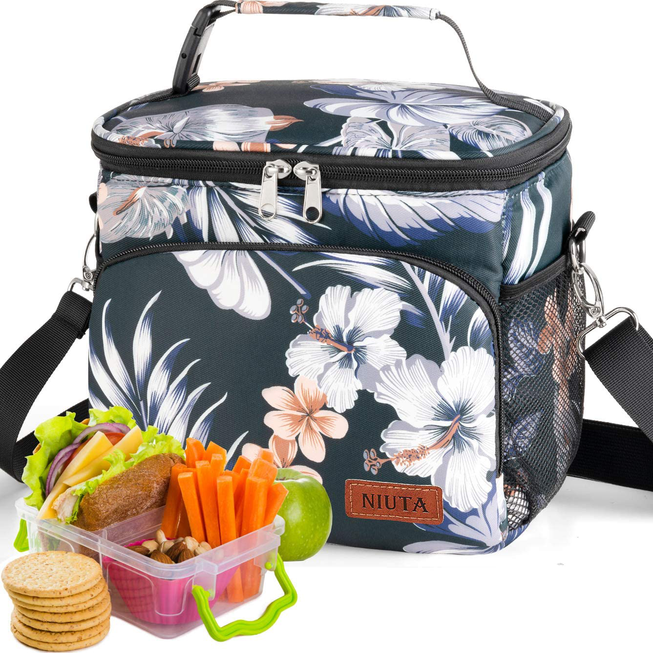 NIUTA Insulated Lunch Bag for Men/Womens, Lunch Box, Upgraded version Double Deck Reusable Lunch Pail (Hibiscus)